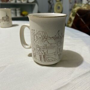 Vintage Charming Cream Ceramic Mug with Wharf Sketch